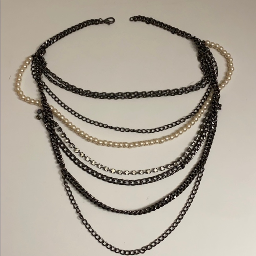 Dark chain, pearl, crystal layered necklace